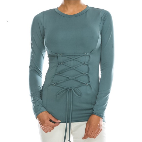 Green Long Sleeve Soft Staple Tee W Corset Front - Picture 1 of 5